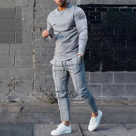 Heren Sportieve Tweedelige Set met Shirt en Lange Joggers Lichtgrijs
