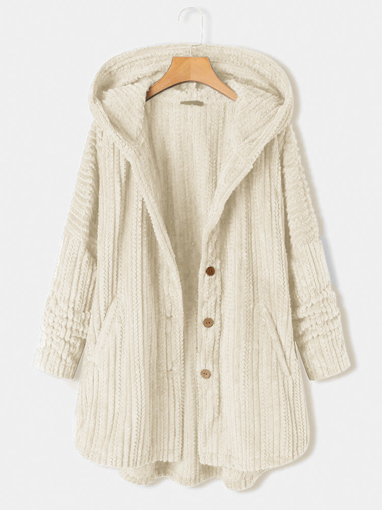 Dames Lange Winterjas Gebreid met Capuchon Wit