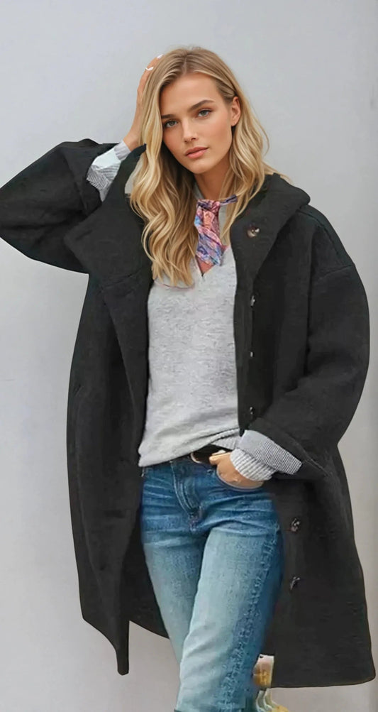Dames Lange Trenchcoat met Hoogsluitende Kraag voor de Winter Zwart