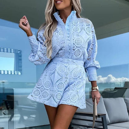 Dames Tweedelige Kanten Set met Top en Hoge Taille Short Lichtblauw
