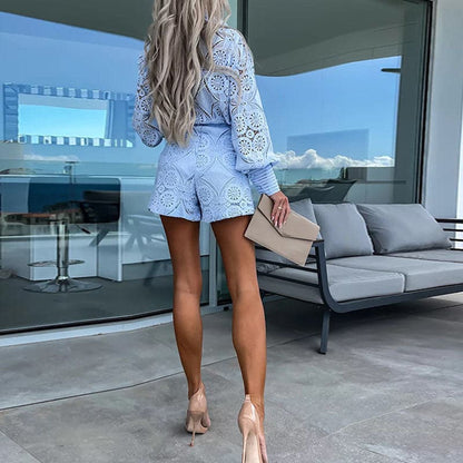 Dames Tweedelige Kanten Set met Top en Hoge Taille Short