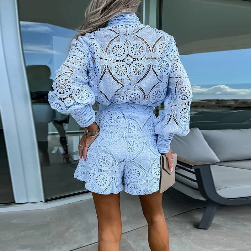 Dames Tweedelige Kanten Set met Top en Hoge Taille Short