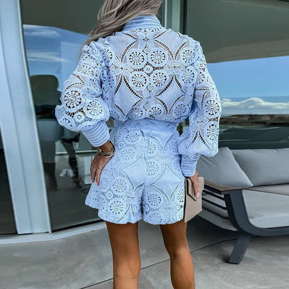 Dames Tweedelige Kanten Set met Top en Hoge Taille Short
