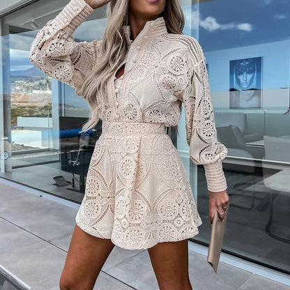 Dames Tweedelige Kanten Set met Top en Hoge Taille Short