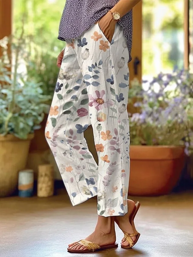 Dames Lange Broek met Bloemenprint en Losse Pasvorm Wit