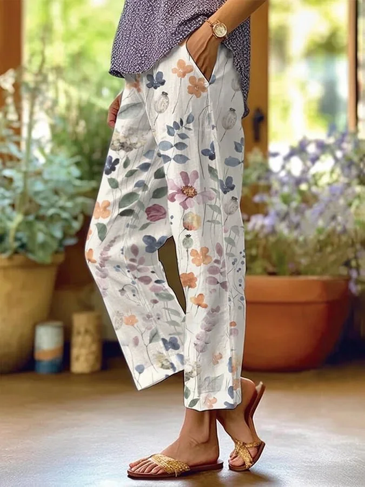 Dames Lange Broek met Bloemenprint en Losse Pasvorm Wit