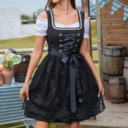 Dames Dirndl Jurk Oktoberfest met Brede Rok in Traditionele Stijl Zwart
