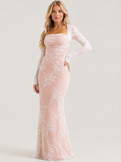 Dames Kanten Maxi Jurk met Corset en Lange Mouwen Wit