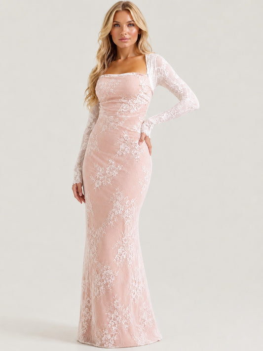 Dames Kanten Maxi Jurk met Corset en Lange Mouwen Wit