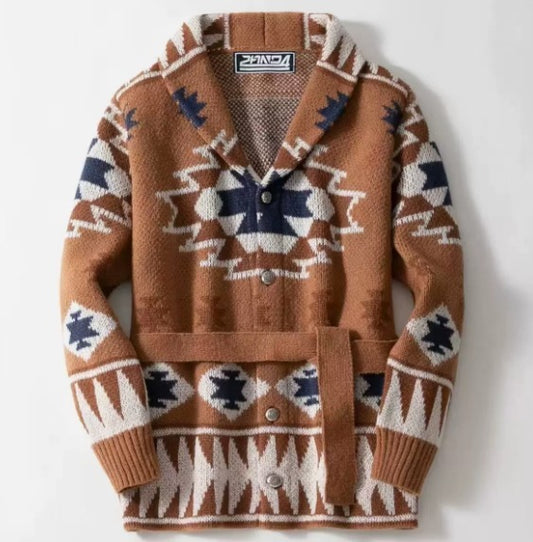 Heren Gebreide Cardigan met Jacquardpatroon en Sjaalkraag
