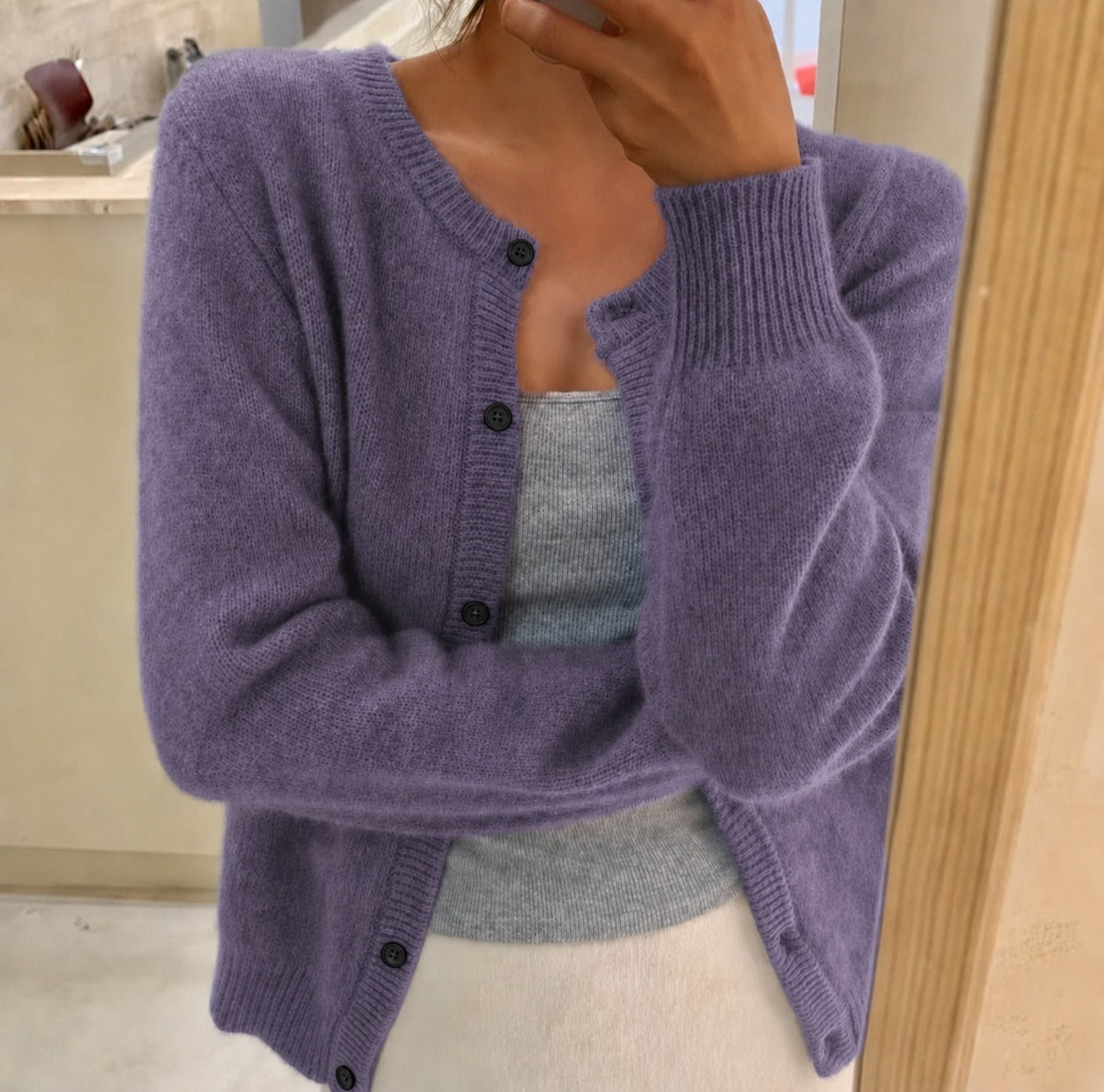 Dames Cardigan met Ronde Hals en Knoopsluiting, Lange Mouw Paars