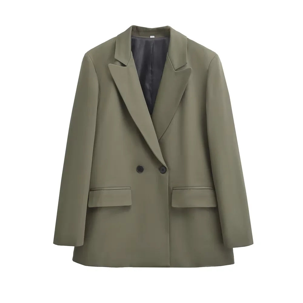 Dames Blazer Double Breasted met Reverskraag en Recht Silhouet Groen