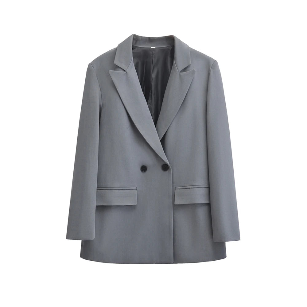 Dames Blazer Double Breasted met Reverskraag en Recht Silhouet Grijs