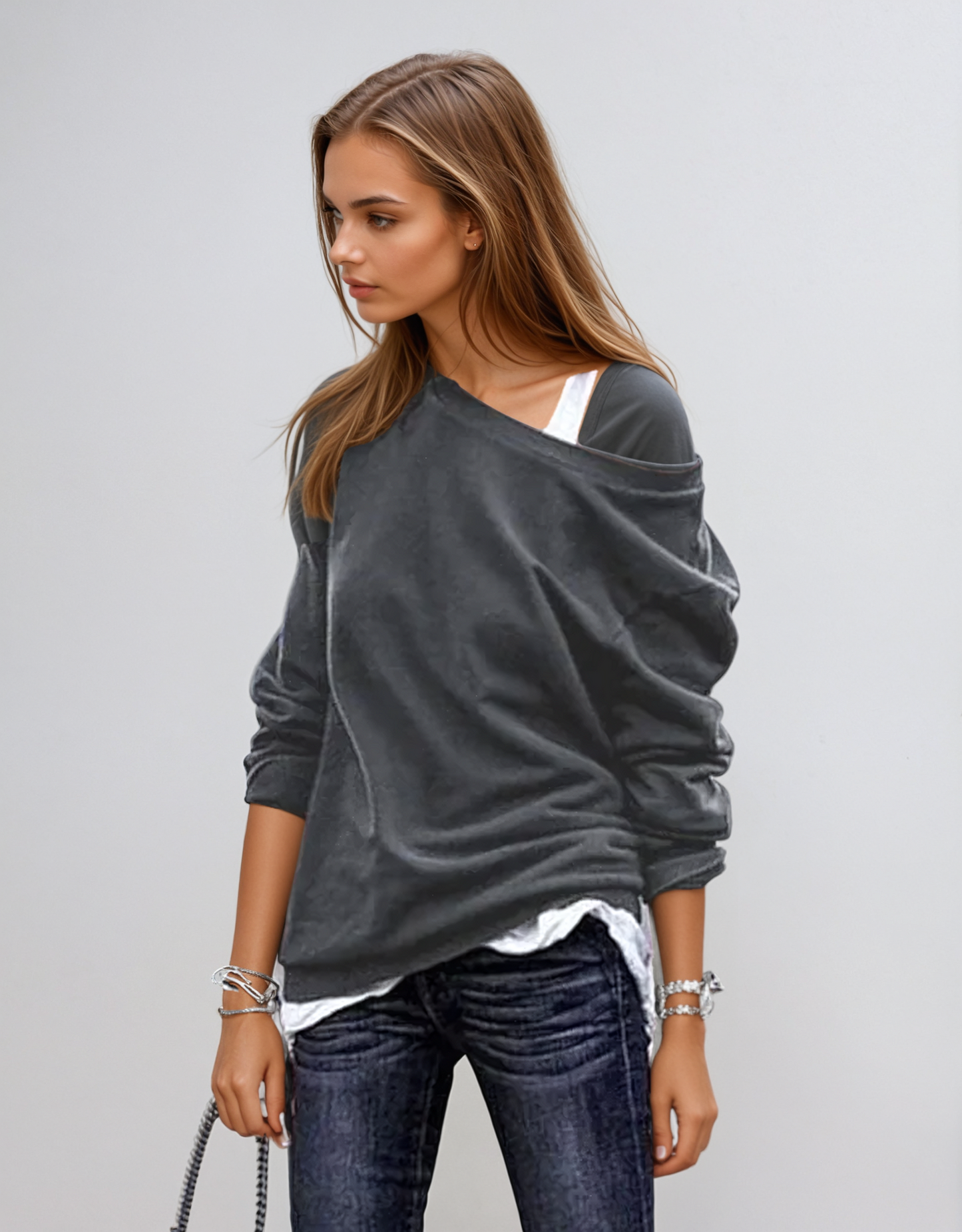 Dames Trui met Asymmetrische Halslijn en Lange Mouwen Grijs