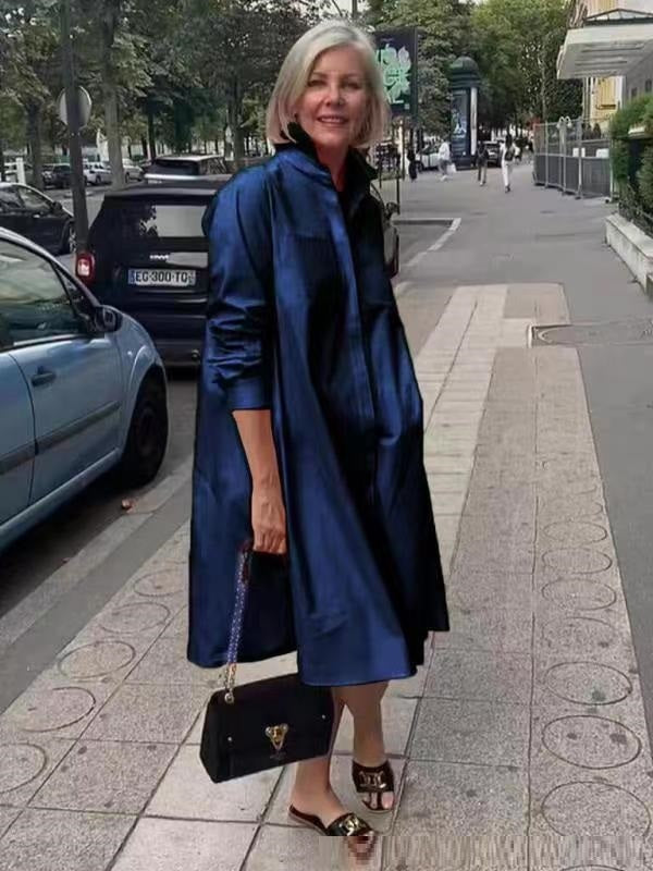 Dames A-Lijn Blousejurk met Polokraag en Zakken Marineblauw