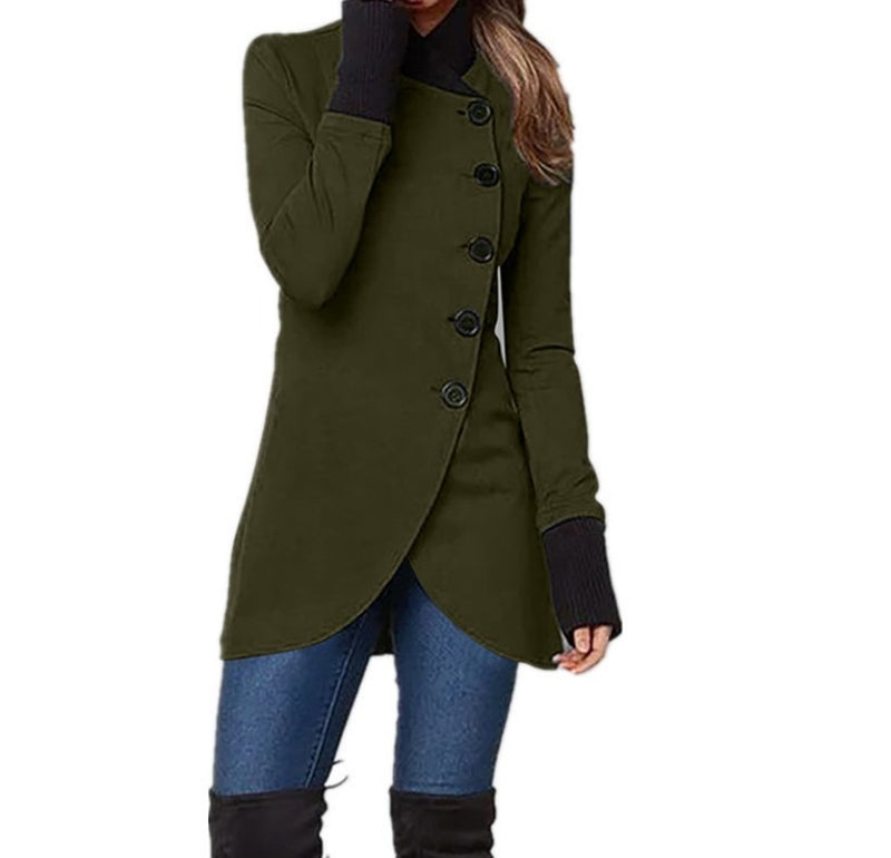 Dames Asymmetrische Jas met Sierknopen Legergroen