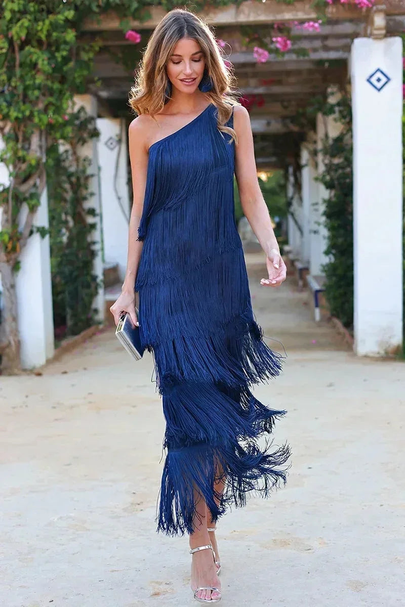 Dames Avondjurk met Één Schouder en Gelaagde Franjes Blauw