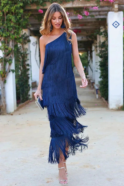 Dames Avondjurk met Één Schouder en Gelaagde Franjes Blauw