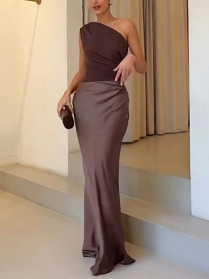 Dames Avondjurk met One Shoulder Hals, Plooien en Mermaid Silhouet