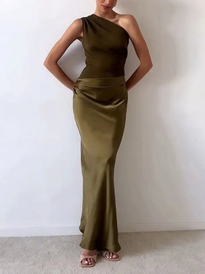 Dames Avondjurk met One Shoulder Hals, Plooien en Mermaid Silhouet