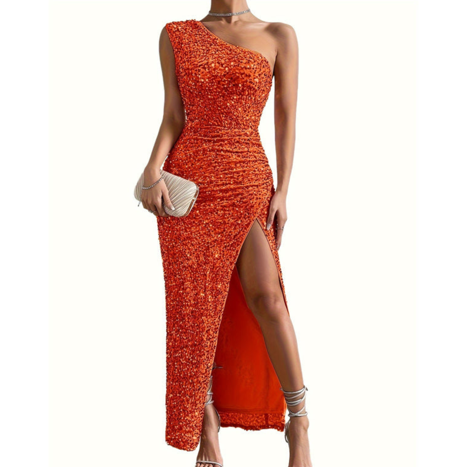 Dames Avondjurk met Pailletten en One-shoulder met Hoge Split Oranje