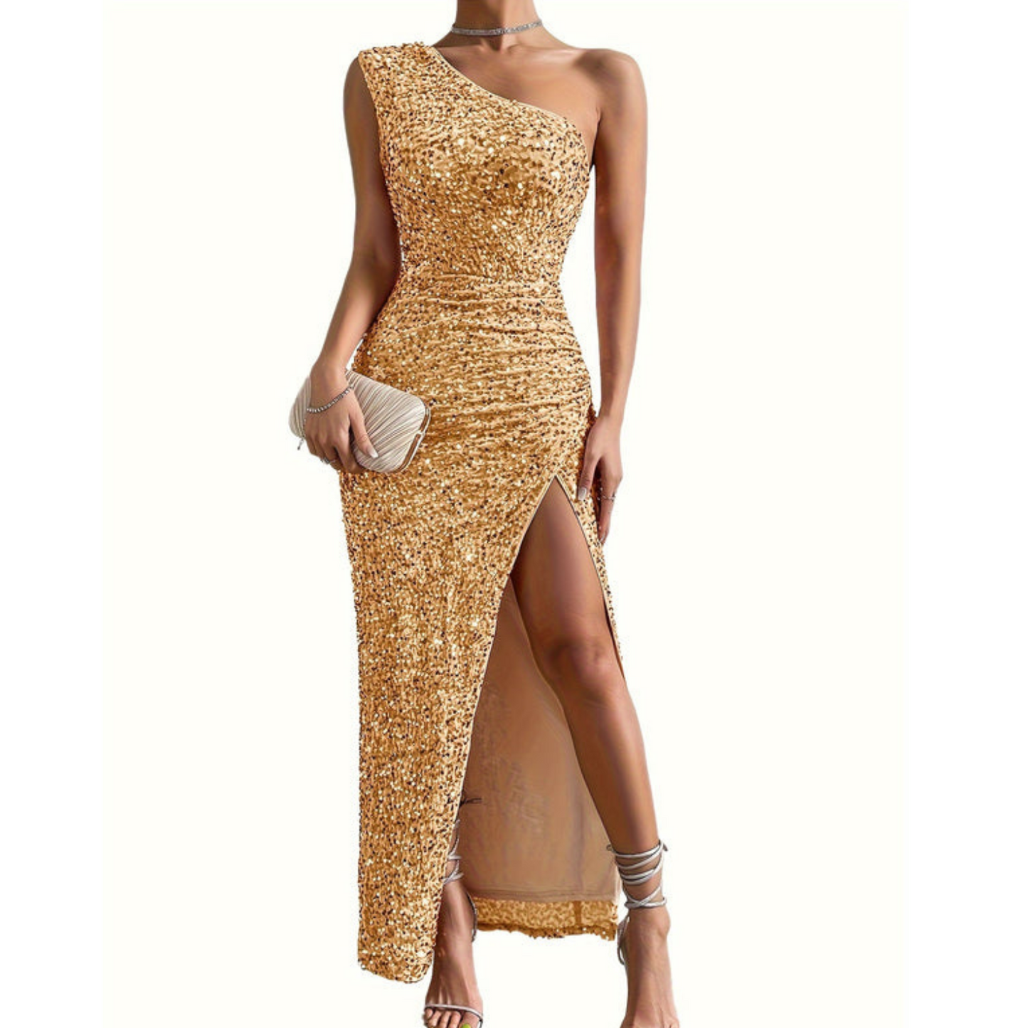 Dames Avondjurk met Pailletten en One-shoulder met Hoge Split Goud