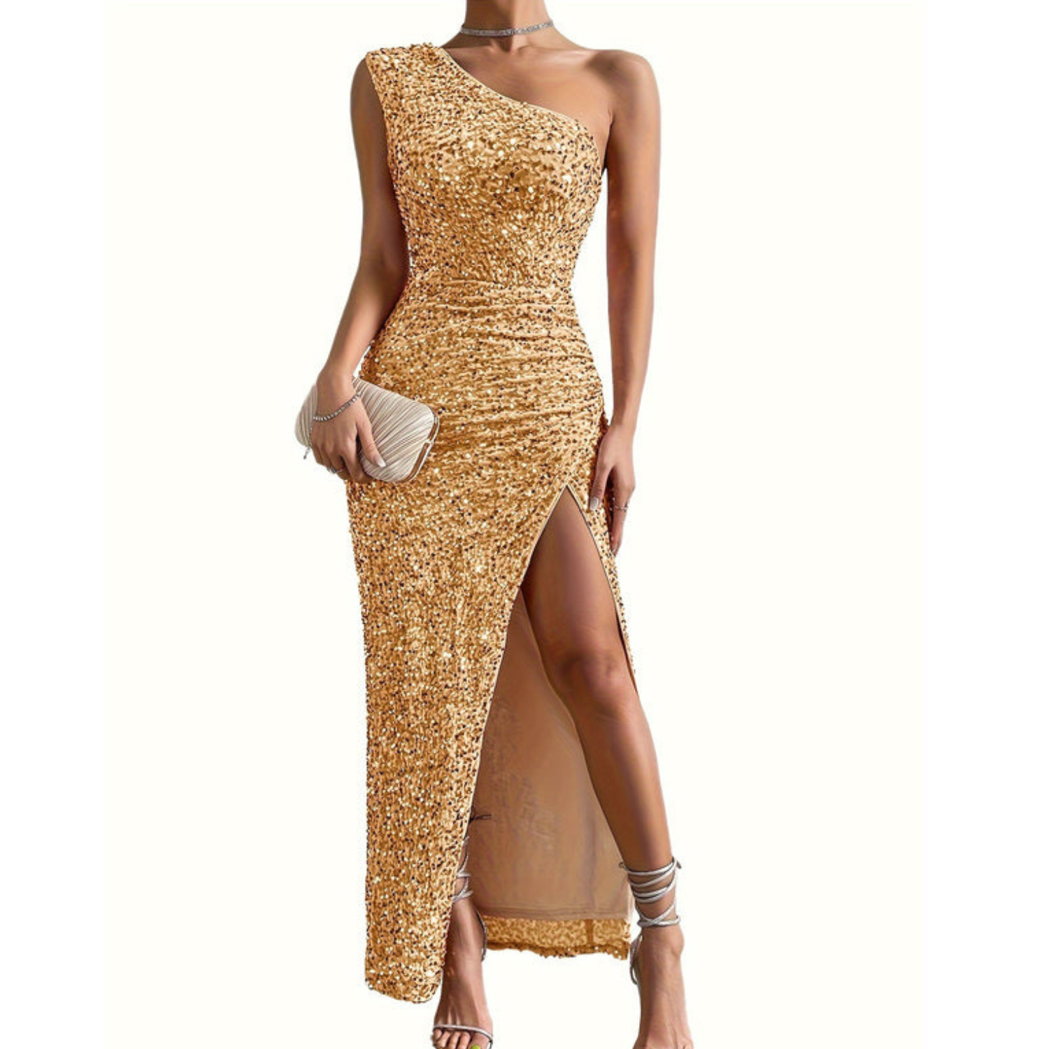 Dames Avondjurk met Pailletten en One-shoulder met Hoge Split Goud