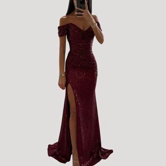 Dames Avondjurk met Pailletten Off-shoulder V-hals en Split
