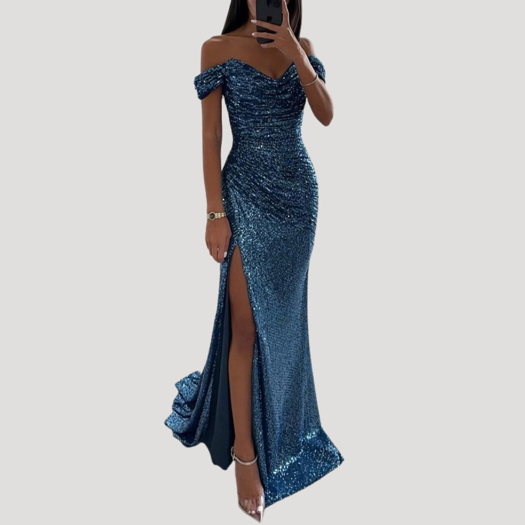Dames Avondjurk met Pailletten Off-shoulder V-hals en Split Blauw