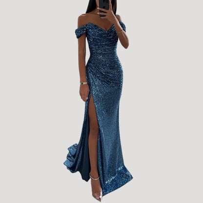 Dames Avondjurk met Pailletten Off-shoulder V-hals en Split Blauw