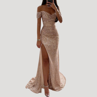 Dames Avondjurk met Pailletten Off-shoulder V-hals en Split Rosé goud