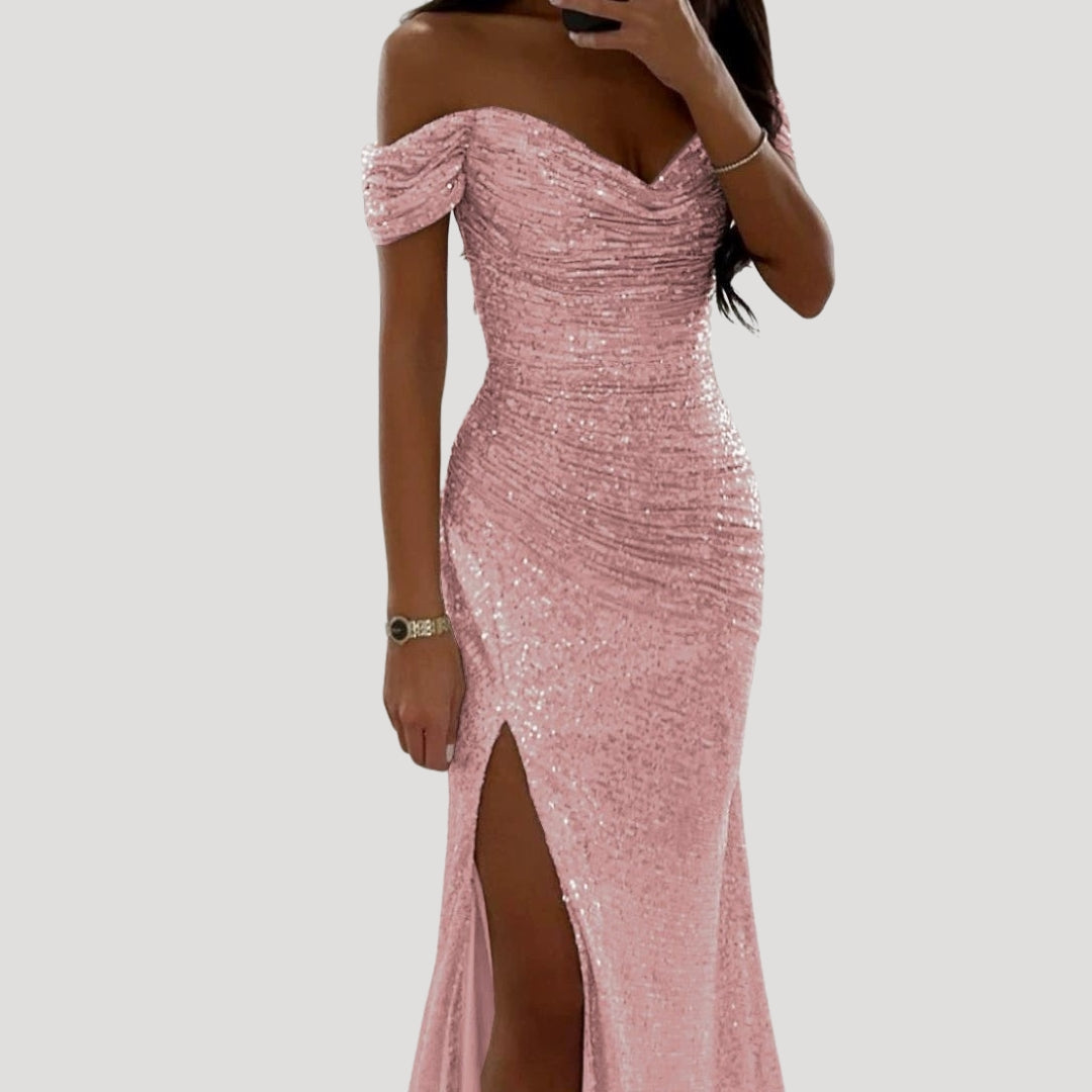 Dames Avondjurk met Pailletten Off-shoulder V-hals en Split Roze