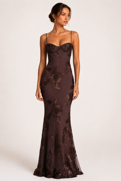 Dames Avondjurk Mouwloos met Corset en Bloemenborduursels Mermaid Bruin