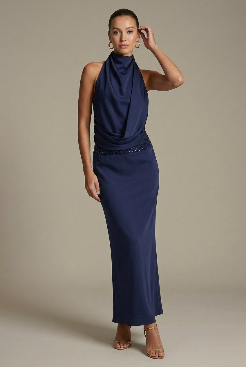 Dames Avondjurk Mouwloos met Halternek, Gedrapeerde Voorkant en Open Rug Marineblauw