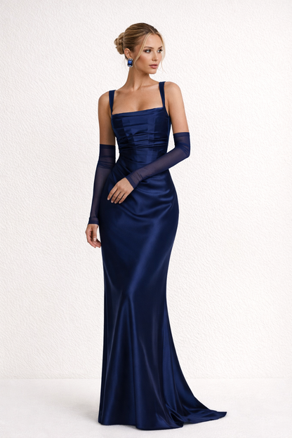 Dames Avondjurk Mouwloos met Vierkante Hals, Choker en Sleeplengte Marineblauw
