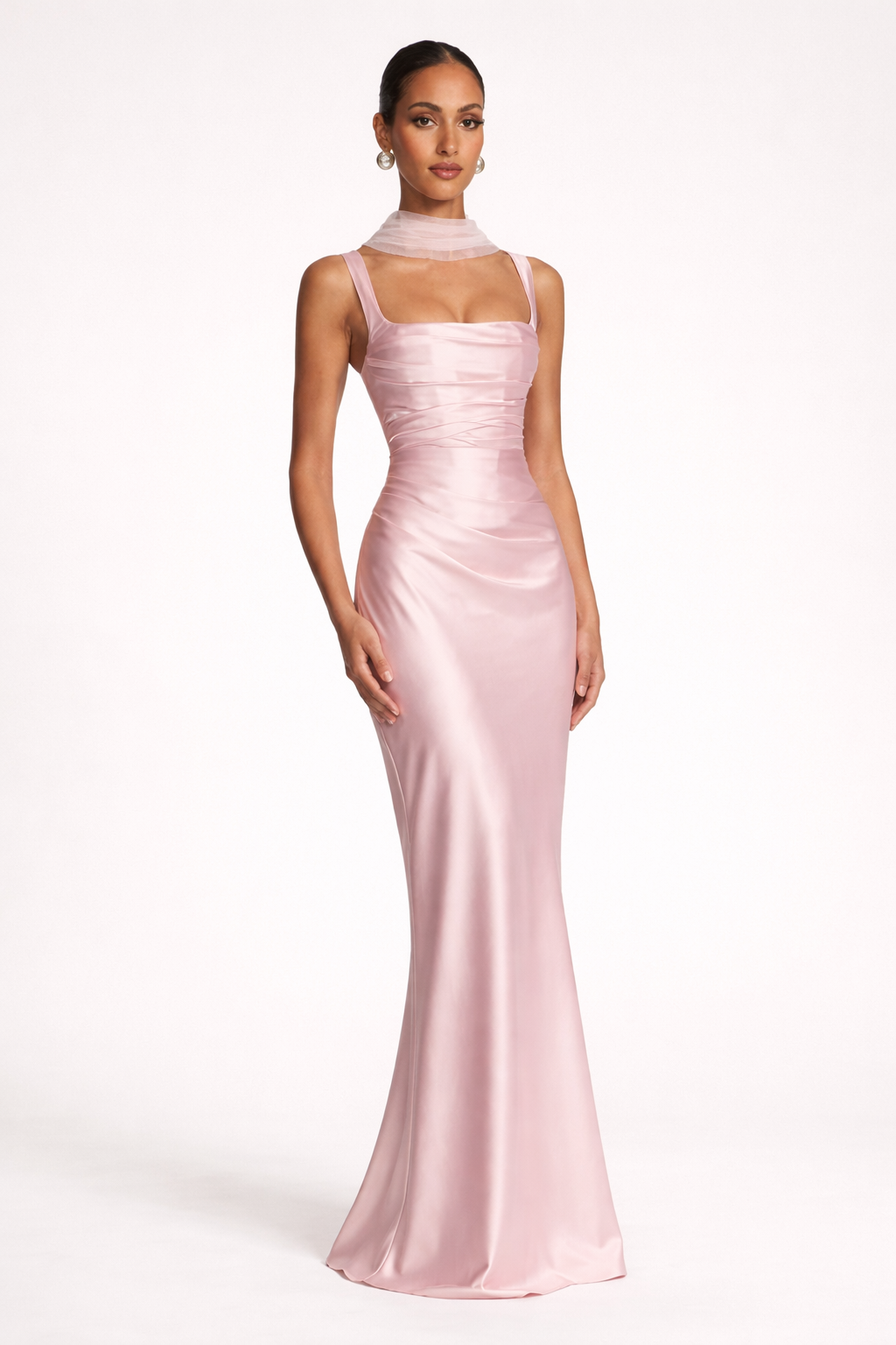 Dames Avondjurk Mouwloos met Vierkante Hals, Choker en Sleeplengte Roze