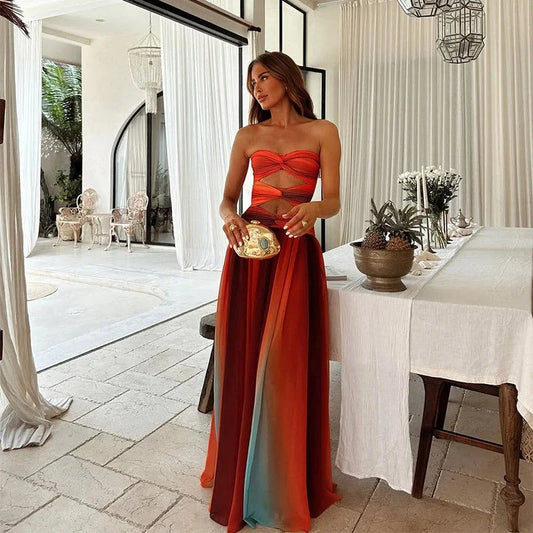 Dames Avondjurk Mouwloos Strapless met Cut-outs en Hoge Split Rood Oranje Blauw