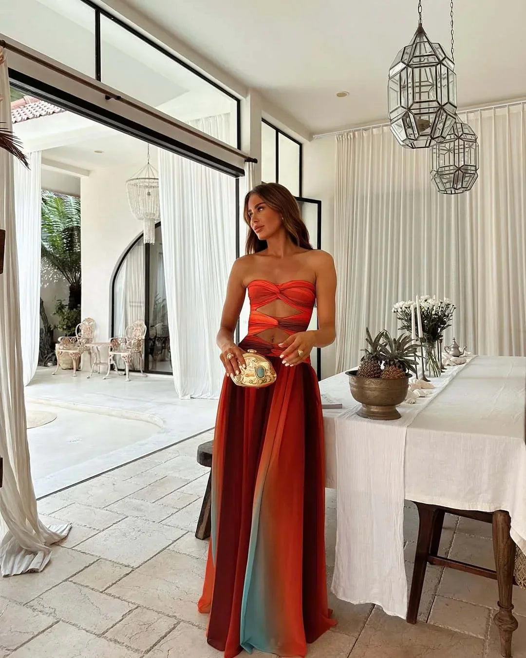 Dames Avondjurk Mouwloos Strapless met Cut-outs en Hoge Split