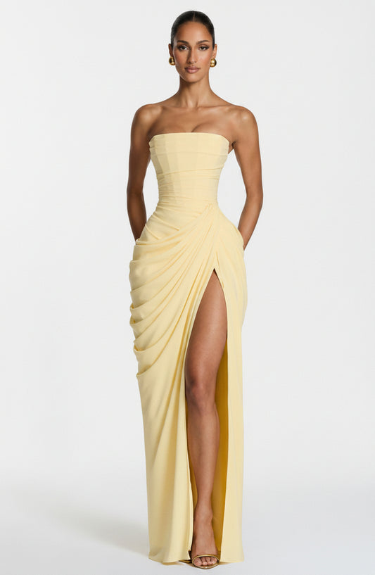 Dames Avondjurk Strapless Maxi met Corset en Gedrapeerde Split