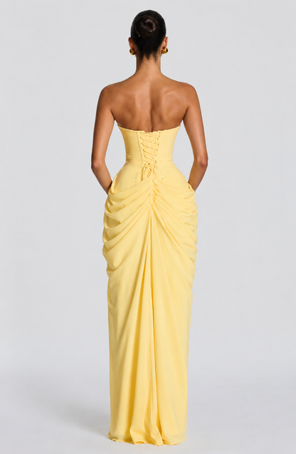 Dames Avondjurk Strapless Maxi met Corset en Gedrapeerde Split