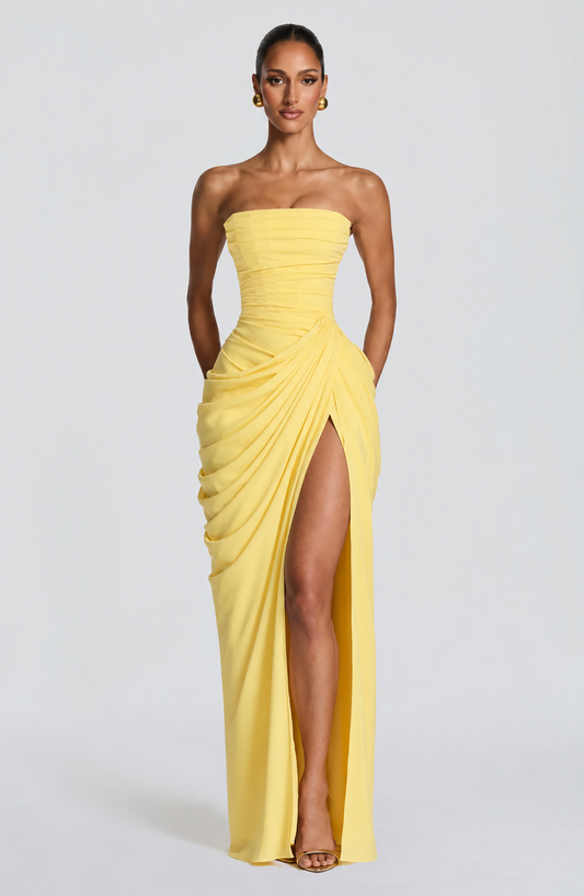 Dames Avondjurk Strapless Maxi met Corset en Gedrapeerde Split Geel