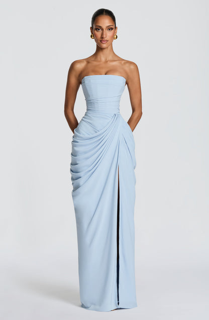 Dames Avondjurk Strapless Maxi met Corset en Gedrapeerde Split
