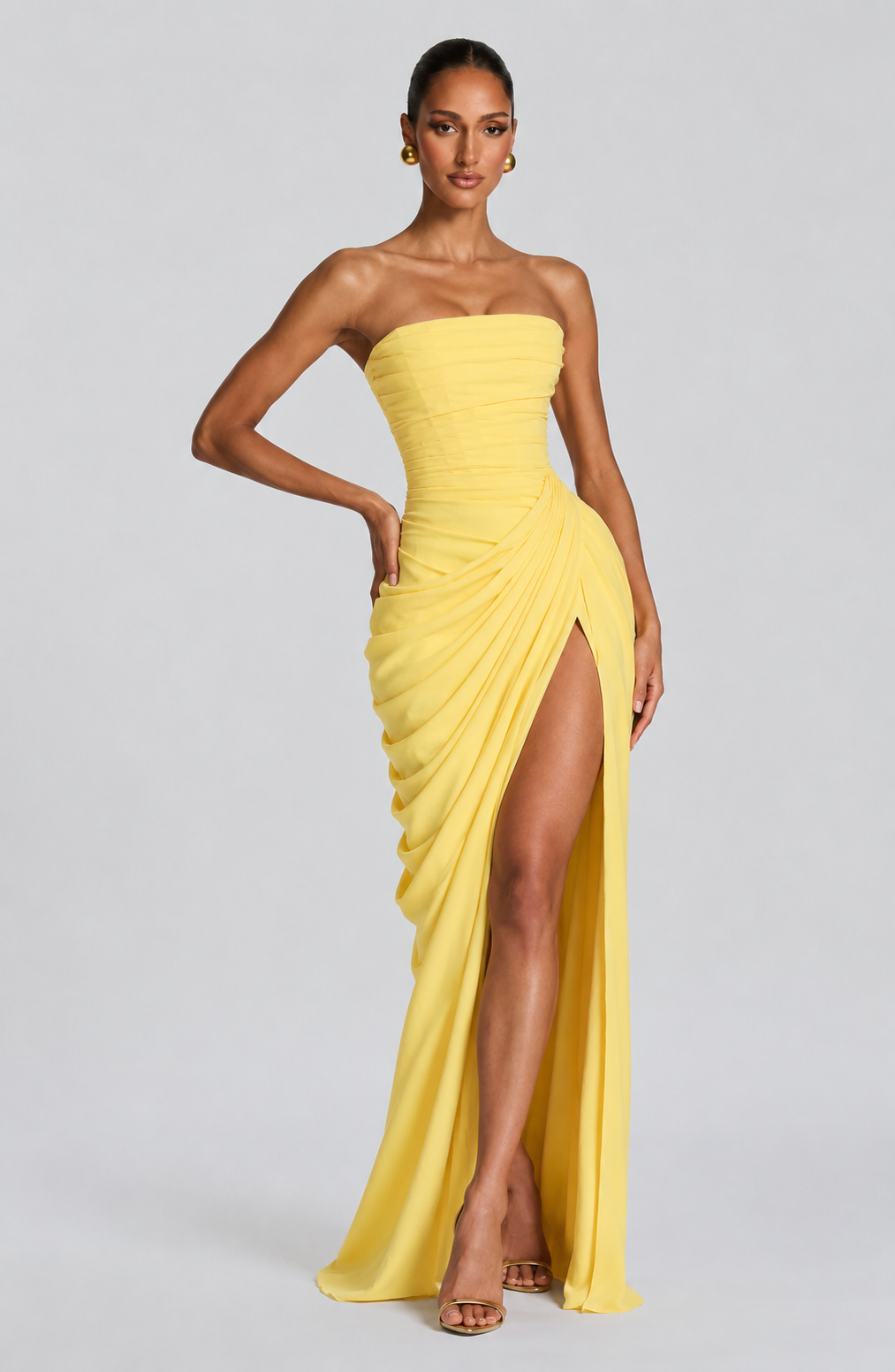 Dames Avondjurk Strapless Maxi met Corset en Gedrapeerde Split