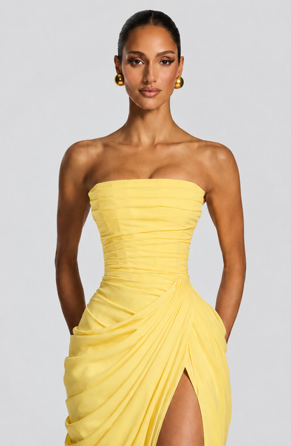 Dames Avondjurk Strapless Maxi met Corset en Gedrapeerde Split