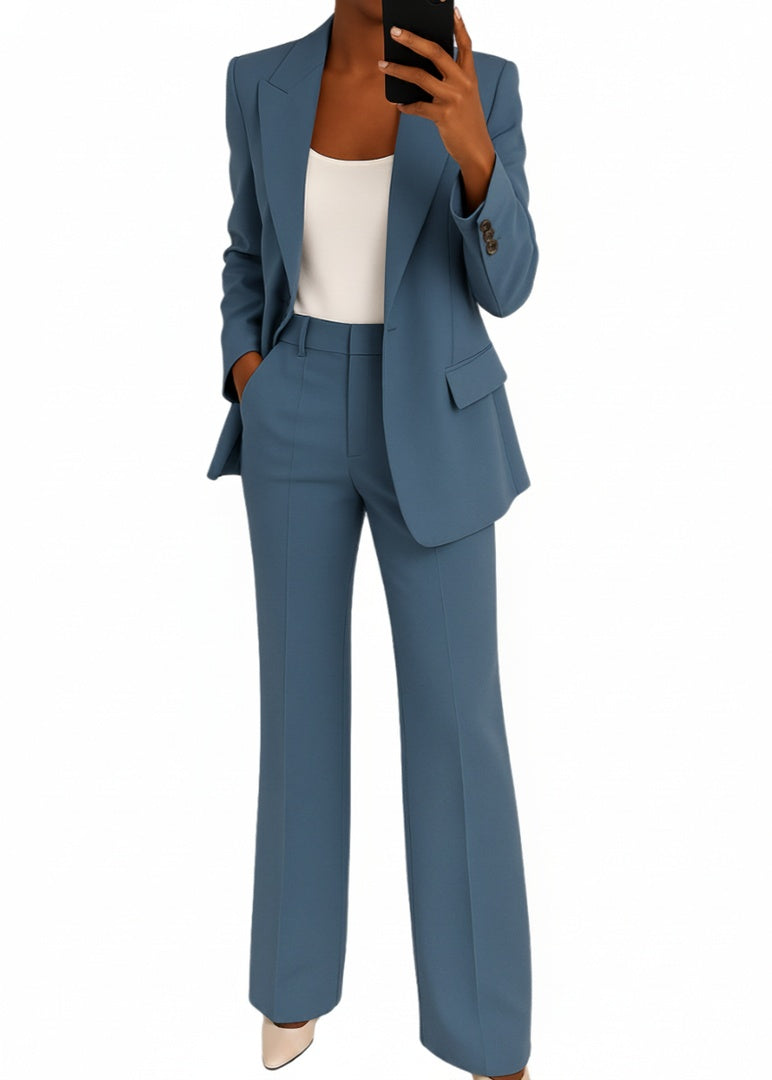 Dames Blazer Broekpak Set met Wide Leg Broek en Reverskraag