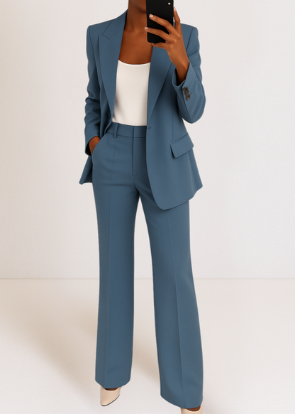 Dames Blazer Broekpak Set met Wide Leg Broek en Reverskraag Blauw