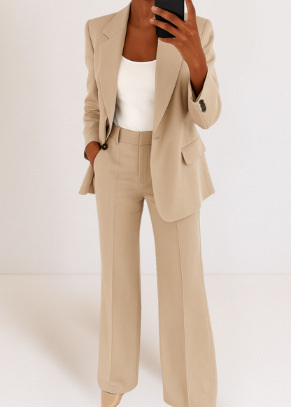 Dames Blazer Broekpak Set met Wide Leg Broek en Reverskraag Beige