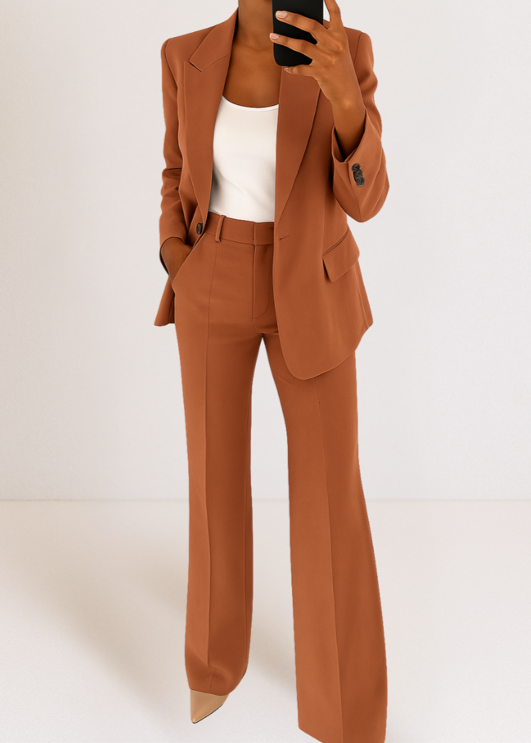 Dames Blazer Broekpak Set met Wide Leg Broek en Reverskraag Bruin