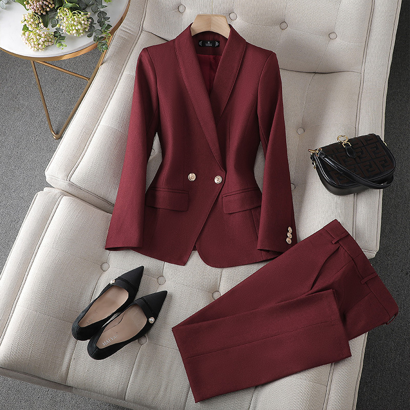 Dames Blazer Getailleerd met Dubbele Knopenrij en V-hals Bordeaux Blazer en broek