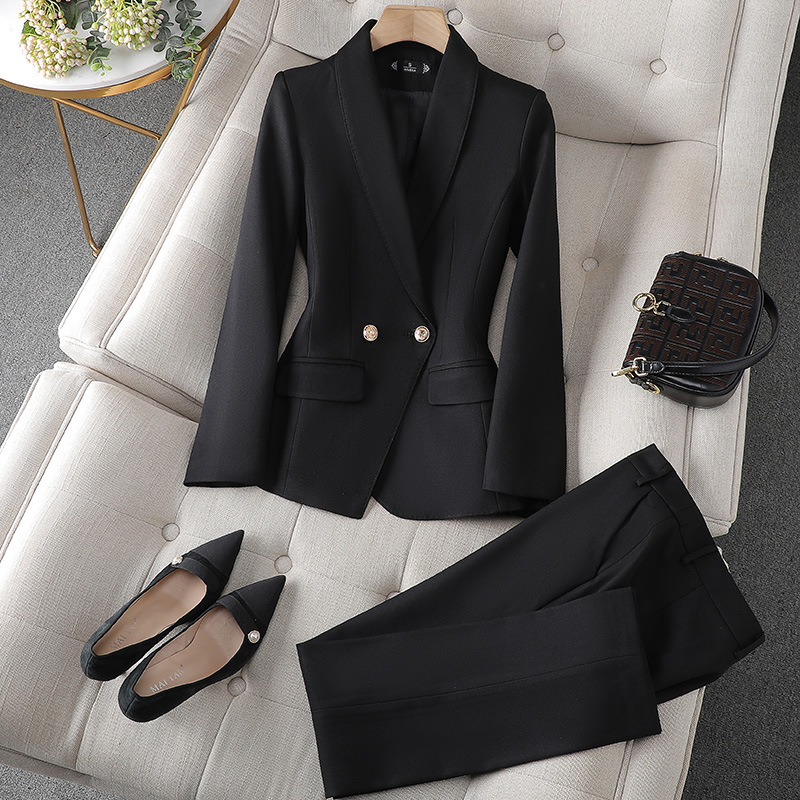 Dames Blazer Getailleerd met Dubbele Knopenrij en V-hals Zwart Blazer en broek
